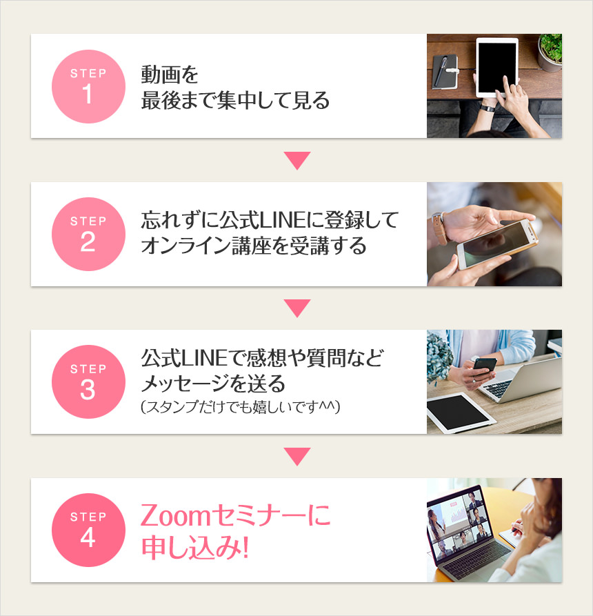 STEP1　第1話を最後まで集中して見るSTEP2　忘れずに公式LINEに登録してオンライン講座を受講するSTEP3　公式LINEで感想や質問などメッセージを送る（スタンプだけでも嬉しいです^^）STEP4　セミナーに申し込み！